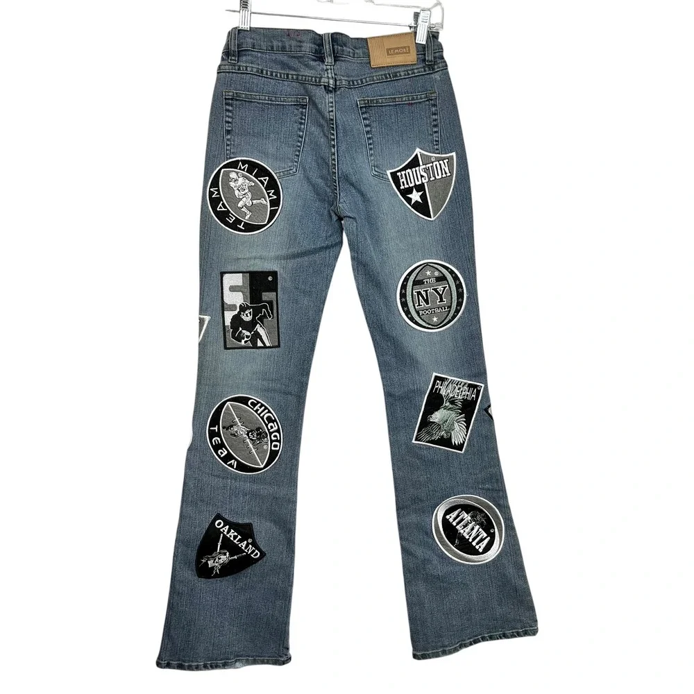 Vintage Le More 90's Bootcut Jeans Patchwork NFL Team Logos ‎ Denim Size 28x31